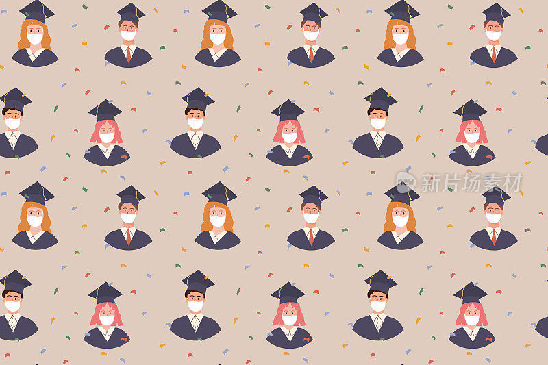 身穿学位服、头戴学位帽的毕业多民族学生化身为无缝图案。庆祝毕业的学生，新冠肺炎疫情期间的教育佩戴医用口罩。向量的背景。