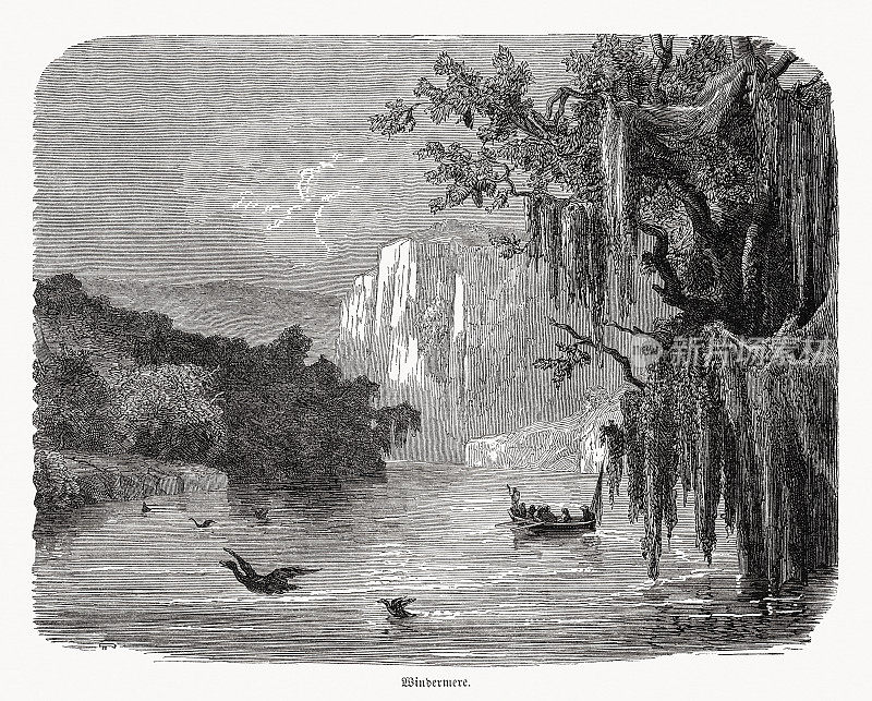 英国坎布里亚郡温德米尔，木刻版画，1868年出版