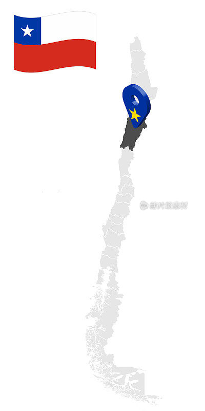 地图上的智利阿塔卡马地区的位置。3d位置标志类似阿塔卡马的旗帜。质量地图与智利的省为您的设计。EPS10