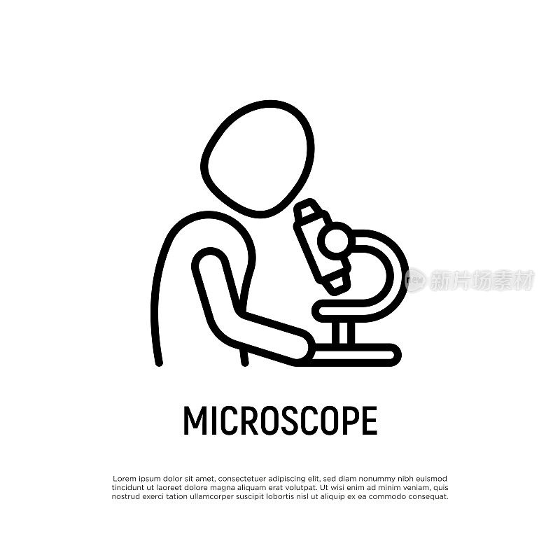 医生在显微镜下看细线图标。实验室研究。矢量插图。