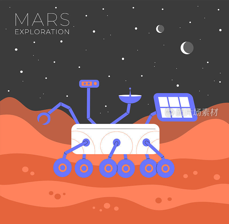 平面矢量插图的一个漫游者站在火星行星。