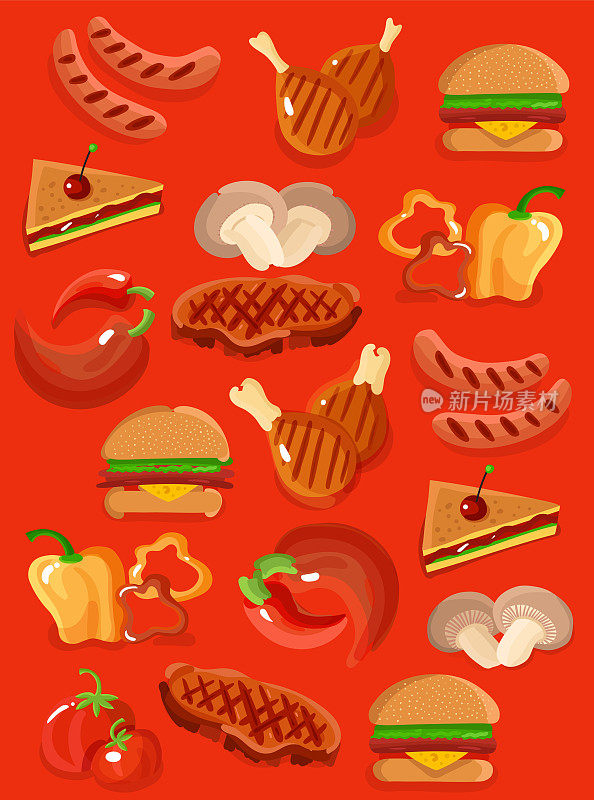 夏季烧烤食物创建在平面风格矢量插图