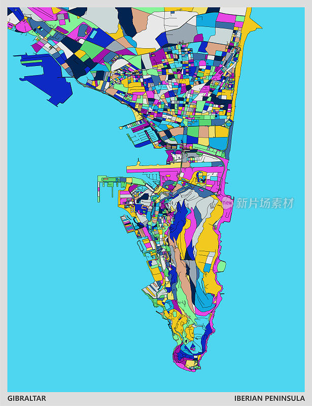 彩色艺术插画风格地图，直布罗陀城市，伊比利亚半岛