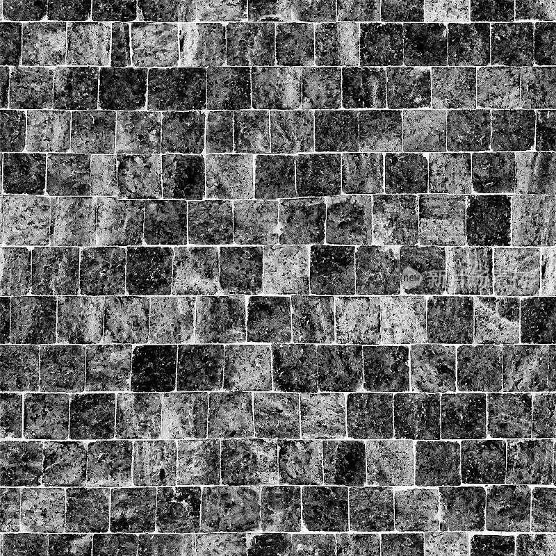 无缝的图案在矢量组合小正方形形状的石头不规则的不规则边缘-写实插图纹理背景在黑白阴影-地板装饰-铺路石头-原始结构严格排列在一行