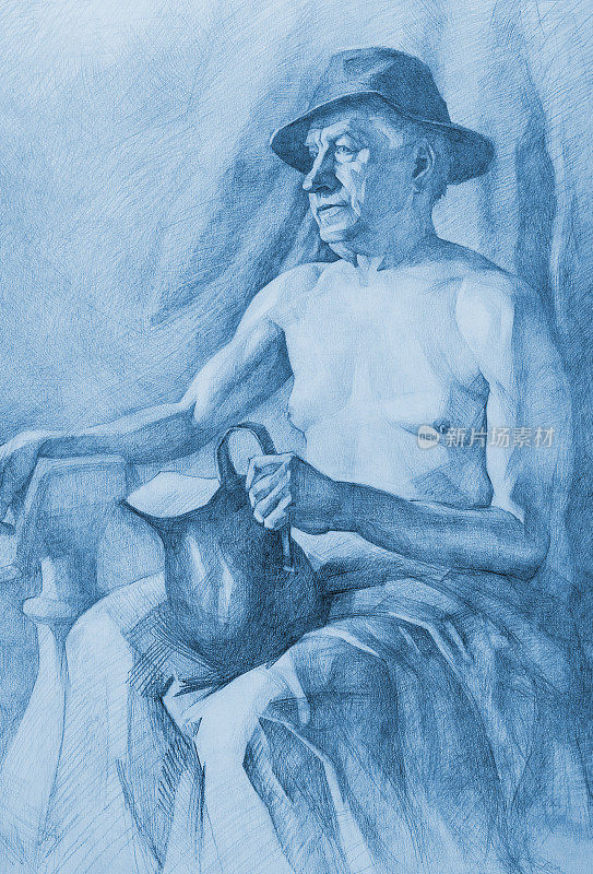 插图铅笔画人像男子灰色头发在帽子和一壶酒在浅蓝色铅笔阴影纸背景