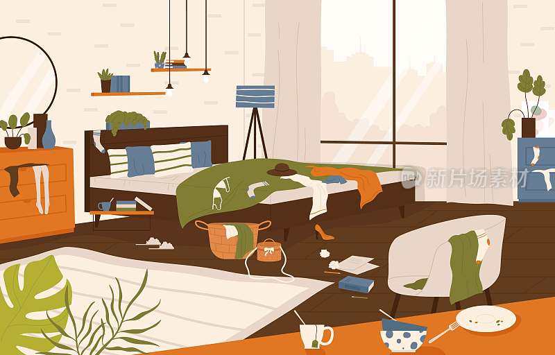 凌乱的现代风格卧室，床，桌子，椅子，垃圾和衣服散落在地板上。家庭混乱的概念
