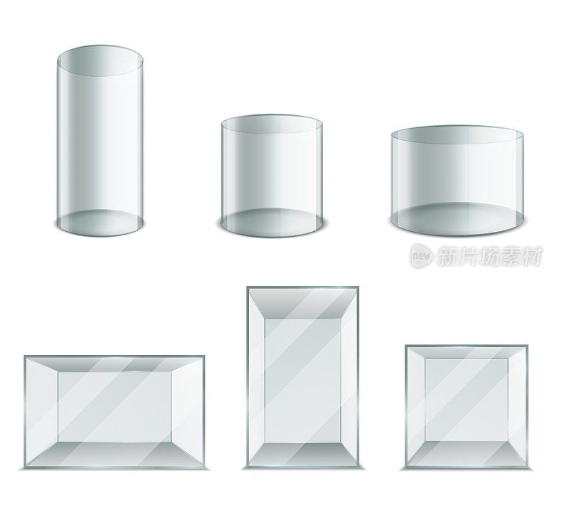 箱玻璃。逼真的塑料透明立方体和圆柱体。3D空白展柜。圆形或方形水族馆模型。具有光反射的几何形状。向量容器设置