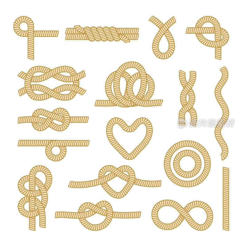 设置海绳结，海上绳索元素和部分隔离的白色背景。不同的循环和字符串