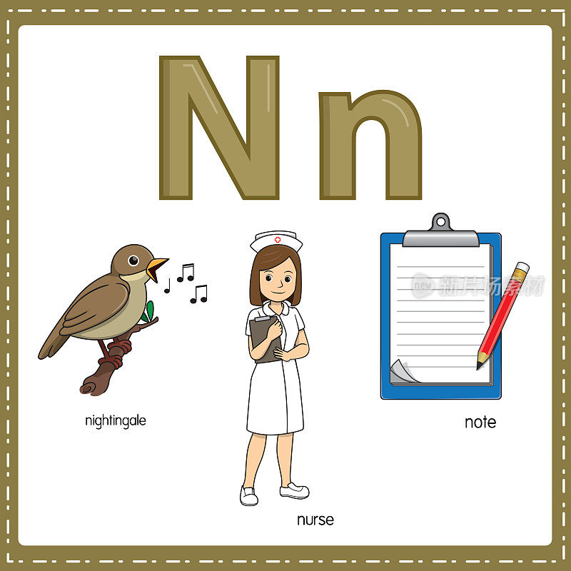 向量插图学习字母N的小写和大写的儿童与3卡通图像。南丁格尔护士注意。