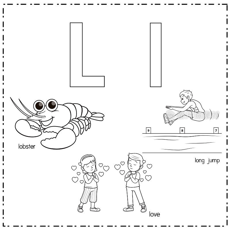 向量插图学习字母L的小写和大写的儿童与3卡通图像。龙虾爱跳远。