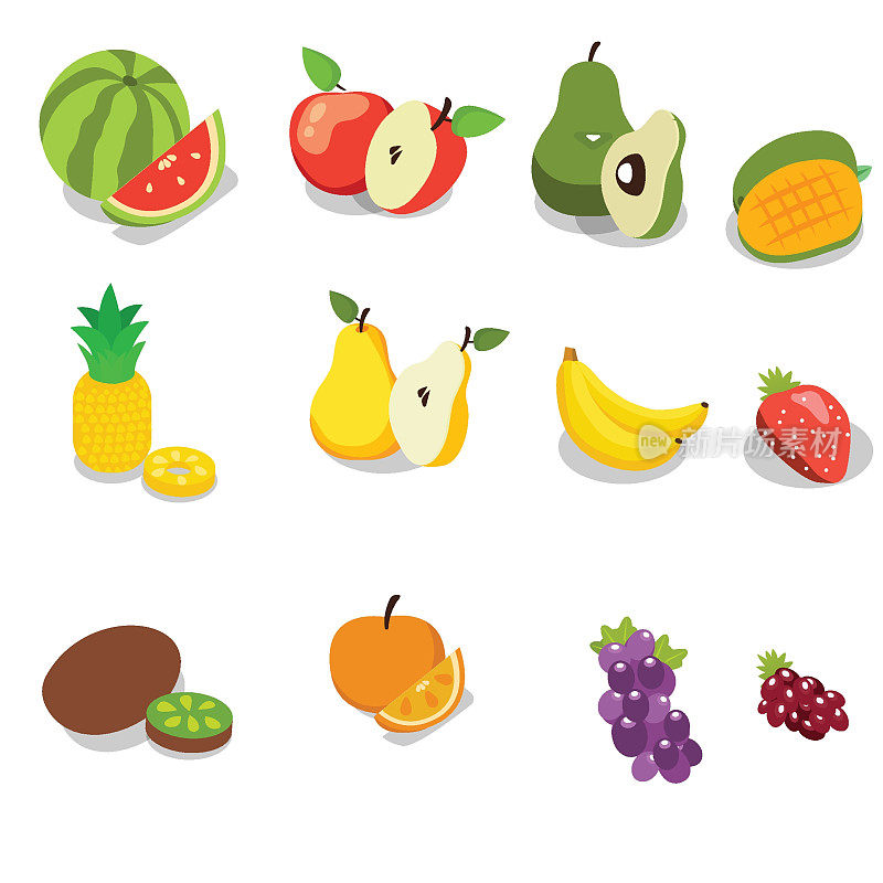各种水果图标设置等距3d