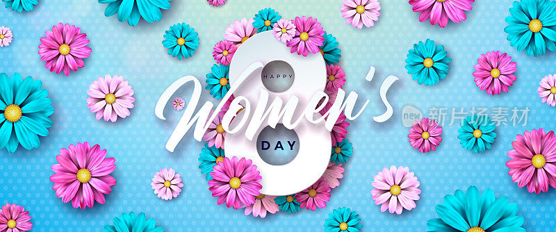 快乐的妇女节花卉插图。3月8日国际妇女节矢量设计与彩色春天花在蓝色背景。为传单，贺卡，网旗帜，节日海报或聚会邀请的女人或母亲节主题模板。