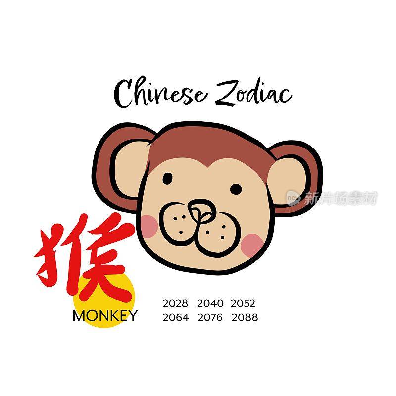 猴年生肖用汉字表示猴年卡通矢量插图