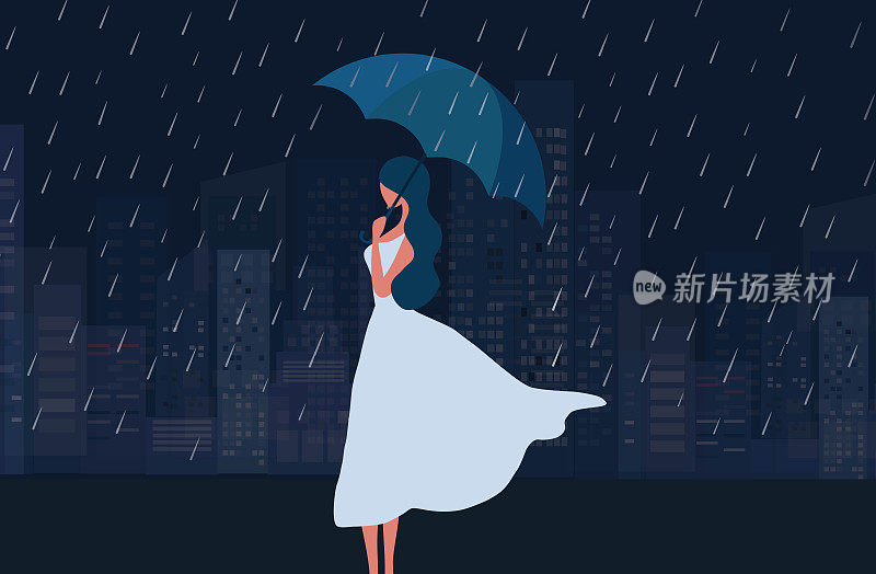 女人在雨中打着伞的黑夜。雨，秋，寂寞，抑郁的概念背景