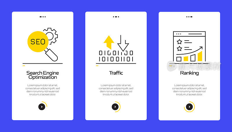 搜索引擎优化概念Onboarding移动应用程序页面屏幕与平面图标。UI设计模板矢量插图
