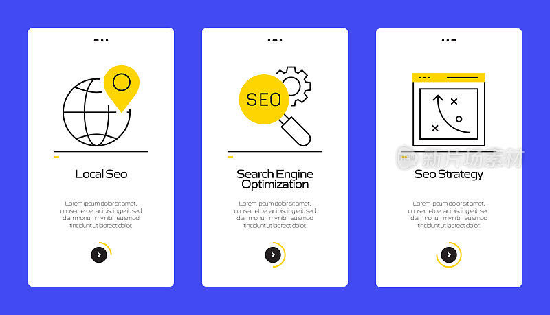 搜索引擎优化概念Onboarding移动应用程序页面屏幕与平面图标。UI设计模板矢量插图