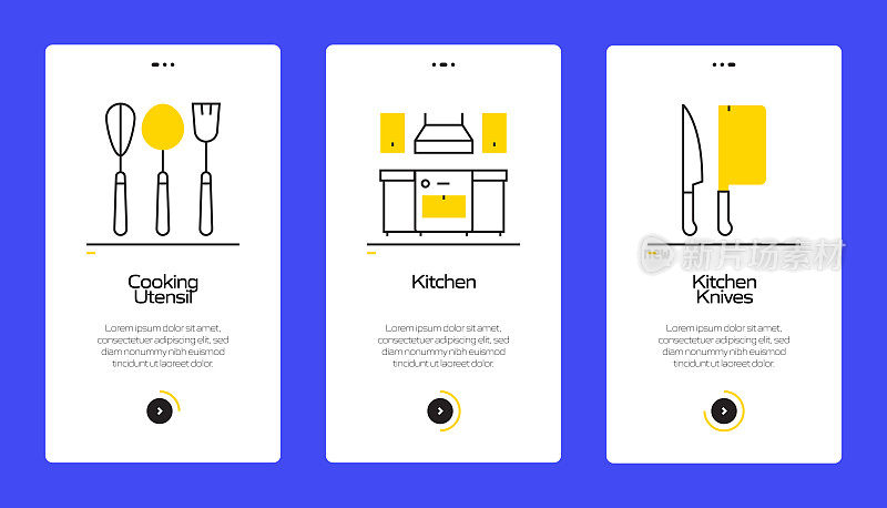 在移动应用页面上使用扁平图标的烹饪概念。用户体验，UI设计模板矢量插图