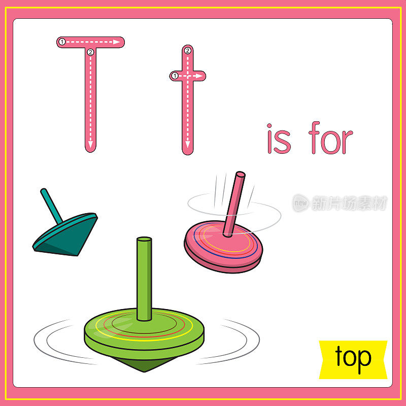 矢量插图学习字母为儿童与卡通形象。字母T代表top。