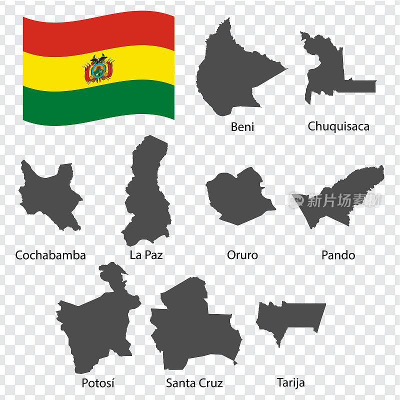 九个地图部玻利维亚-按姓名字母顺序排列。每个部门的地图都被列出来，用文字和标题隔离开来。多民族玻利维亚国。每股收益10。