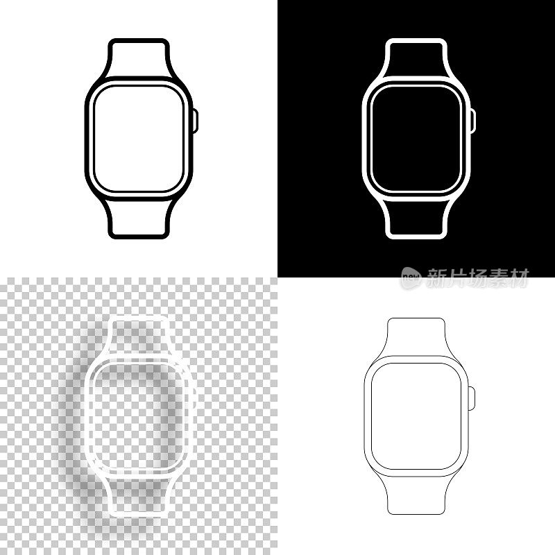 Smartwatch。图标设计。空白，白色和黑色背景-线图标