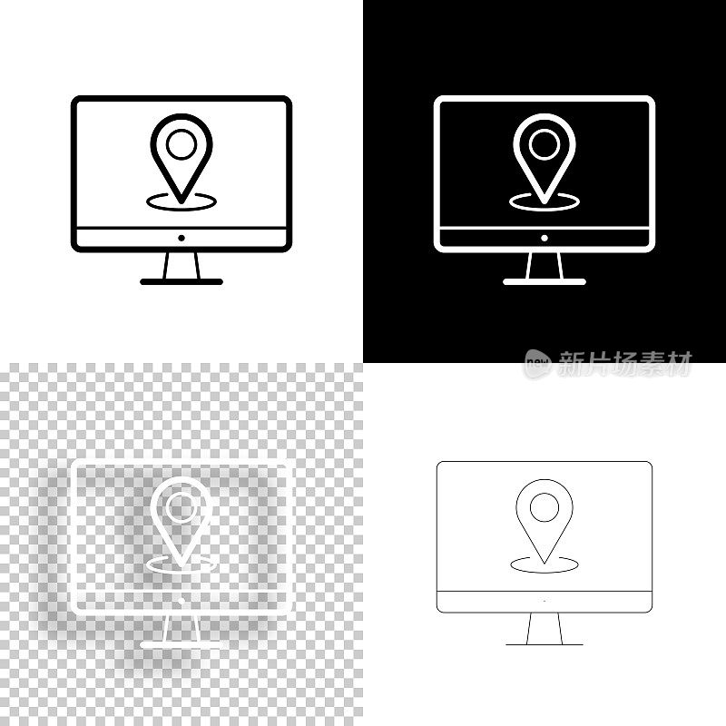 带定位销的台式电脑。图标设计。空白，白色和黑色背景-线图标