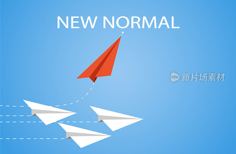 红纸飞机与白纸的变化打乱，寻找新的常态。商业创意新理念，发现创新技术。