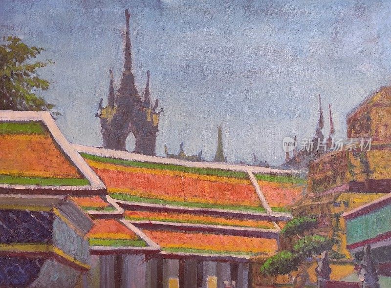 泰国寺庙的绘画。景观艺术。布面油画。佛教建筑。印象派艺术品。