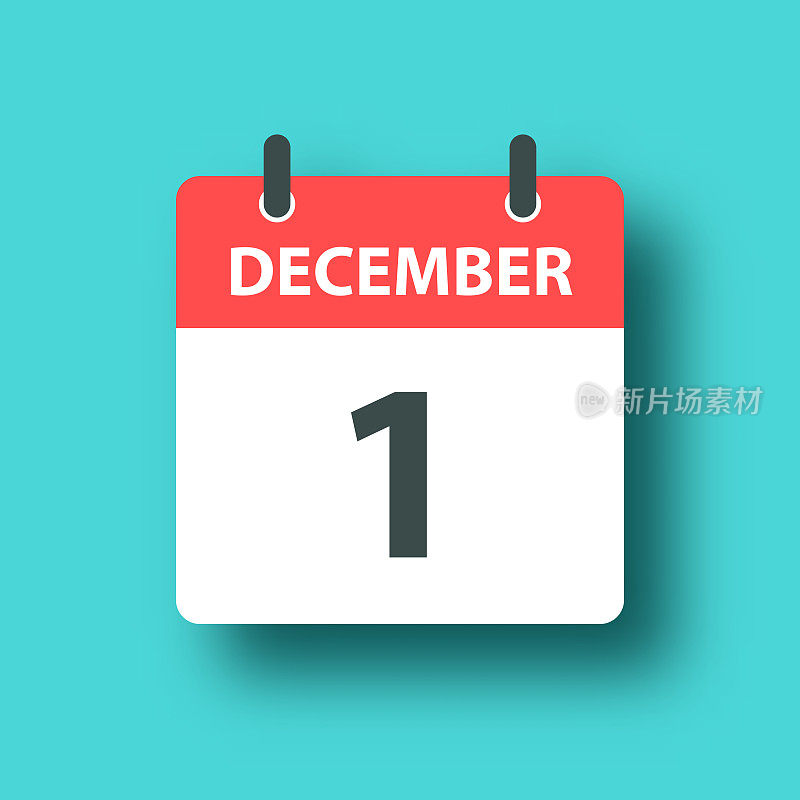 12月1日-日常日历图标上的蓝色绿色背景与阴影