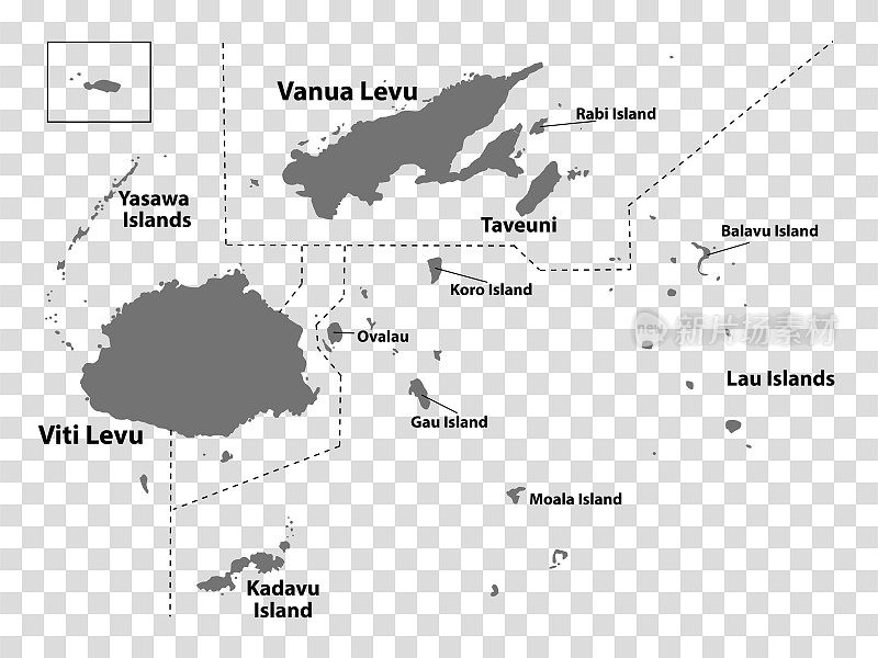 灰色的空白地图斐济。每个岛屿的地图都有标题。高质量的地图斐济与地区在透明的背景为您的设计。大洋洲。EPS10。