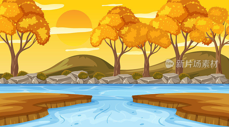 秋天的景色与河流在森林在日落的时候