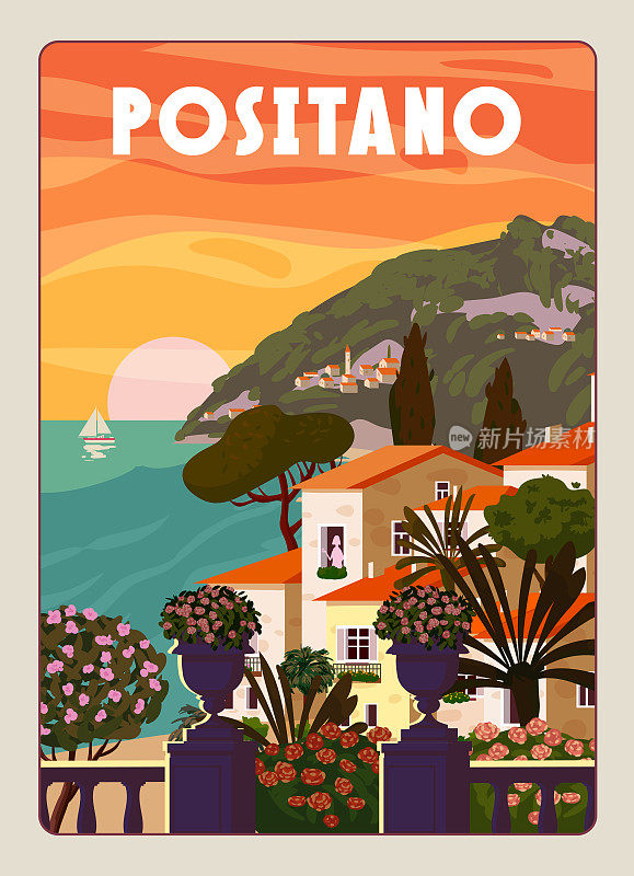 意大利波西塔诺海岸，地中海浪漫风景，山川，海滨小镇，大海。复古海报旅行