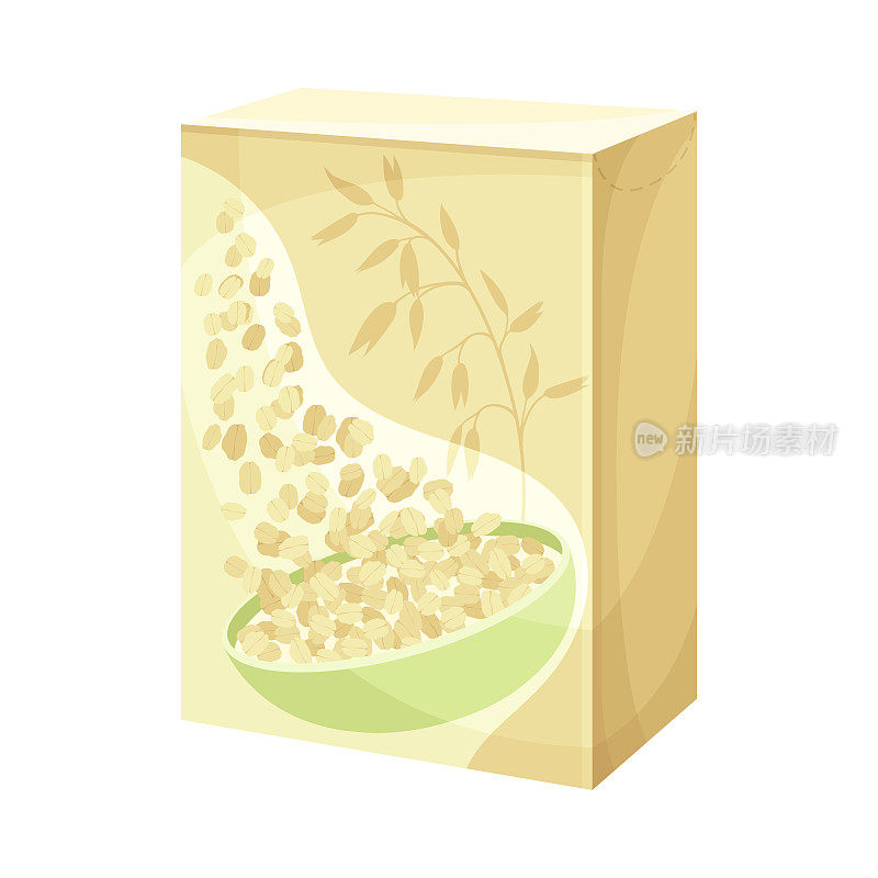 纸箱包装燕麦作为全谷物食品与扁平的燕麦卷向量插图