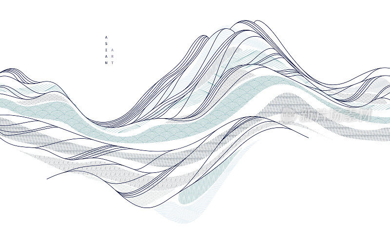 东方日本风格的矢量抽象插图，背景在亚洲传统风格，波浪形状和山脉地形，像海上线条。