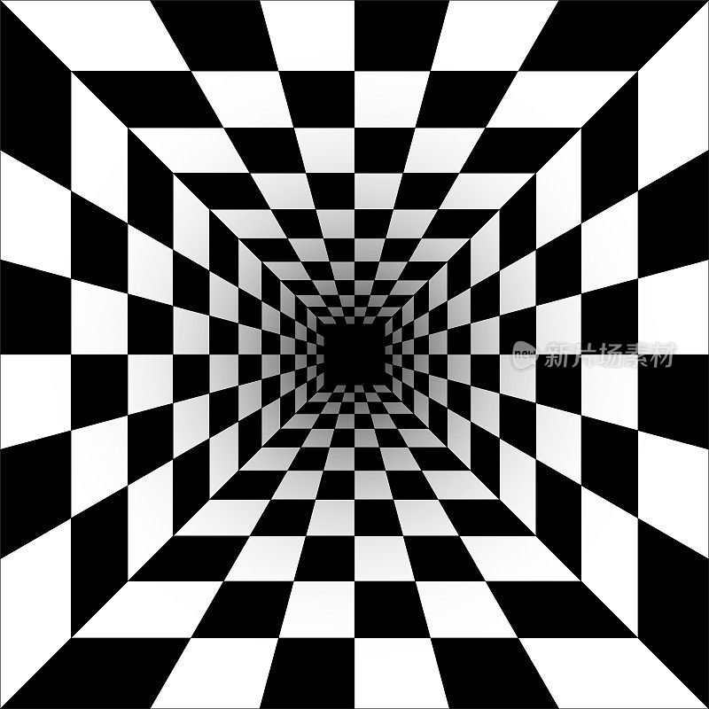 透视黑白方块，有隧道的错觉。抽象透视几何象棋背景向量。透视几何艺术。