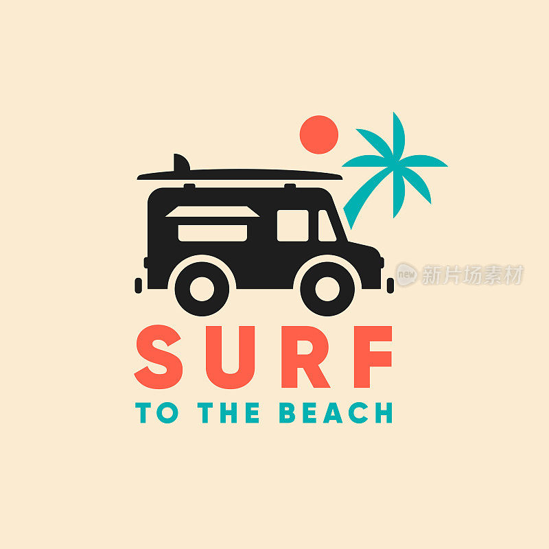 冲浪车与棕榈树标志设计。