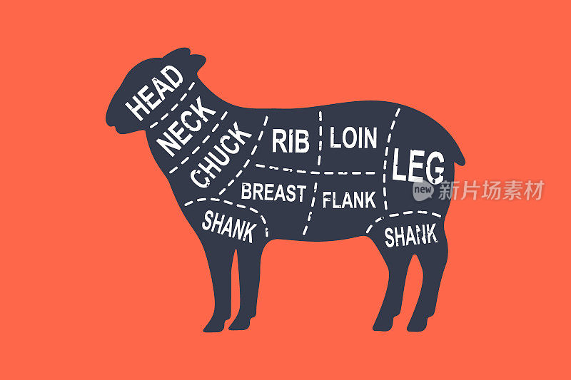 羊图削减。屠夫计划海报。切好的羊肉。肉图方案说明。农场动物剪影。