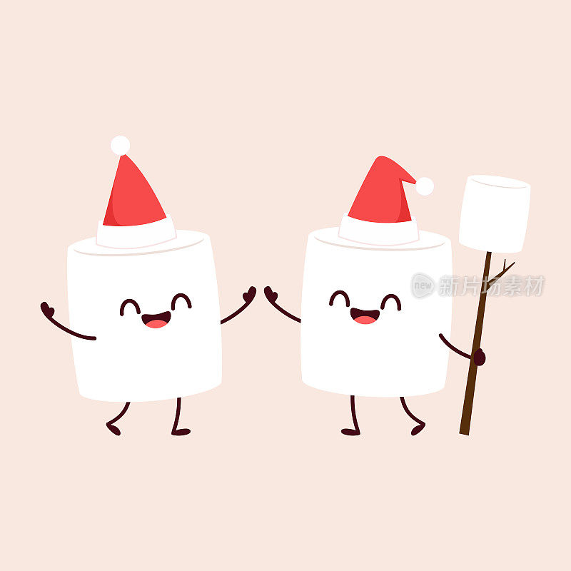 棉花糖的卡通。棉花糖人物设计。棉花糖和圣诞老人的帽子。