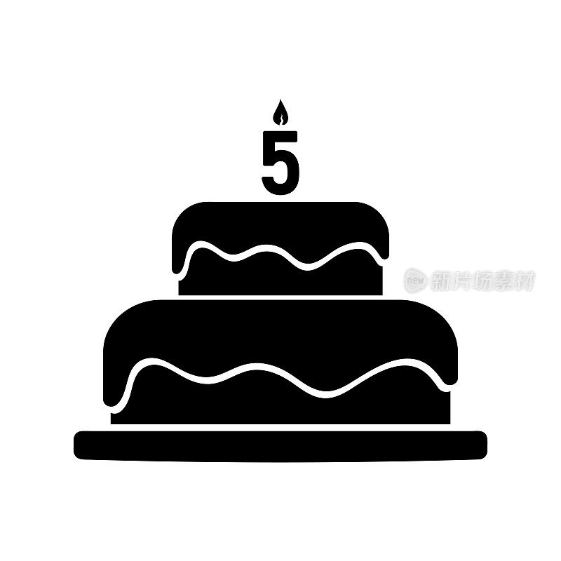 生日蛋糕上有5号蜡烛，简单的黑色矢量图标