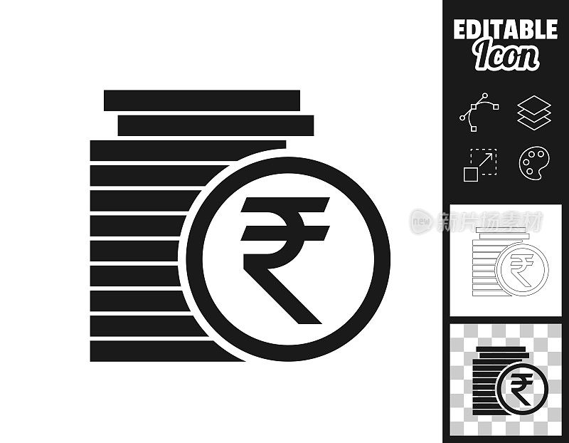 印度卢比硬币成堆。图标设计。轻松地编辑