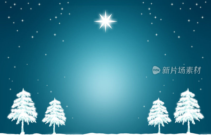 圣诞树和星星，白色的雪景背景插画