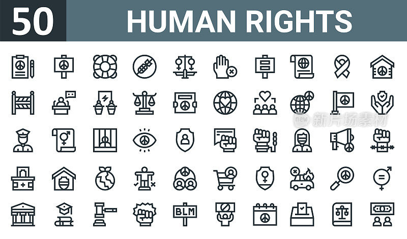 一套50概述网络人权图标，如请愿，和平主义，救生，没有战争，性别平等，拒绝，公民权利矢量瘦图标为报告，演示，图表，网页设计，