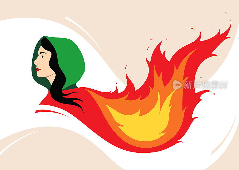 矢量插图年轻的伊朗妇女在希贾布变成火。