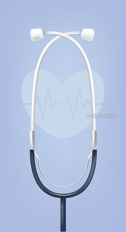 蓝色背景下心脏形状的3d听诊器和心电图图。