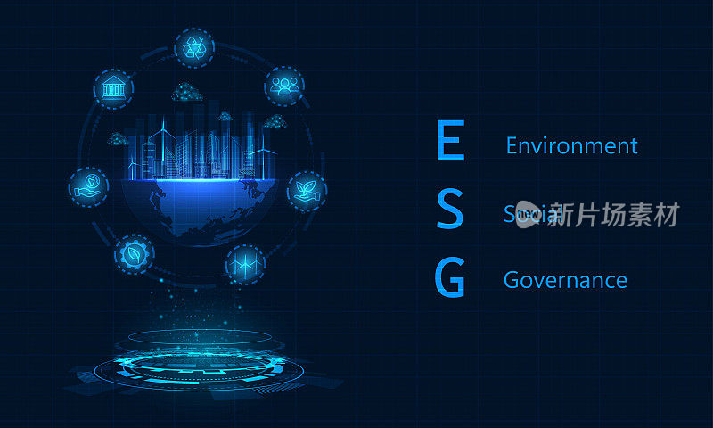 环境、社会和治理(ESG)。可持续经营理念。蓝色背景矢量设计。