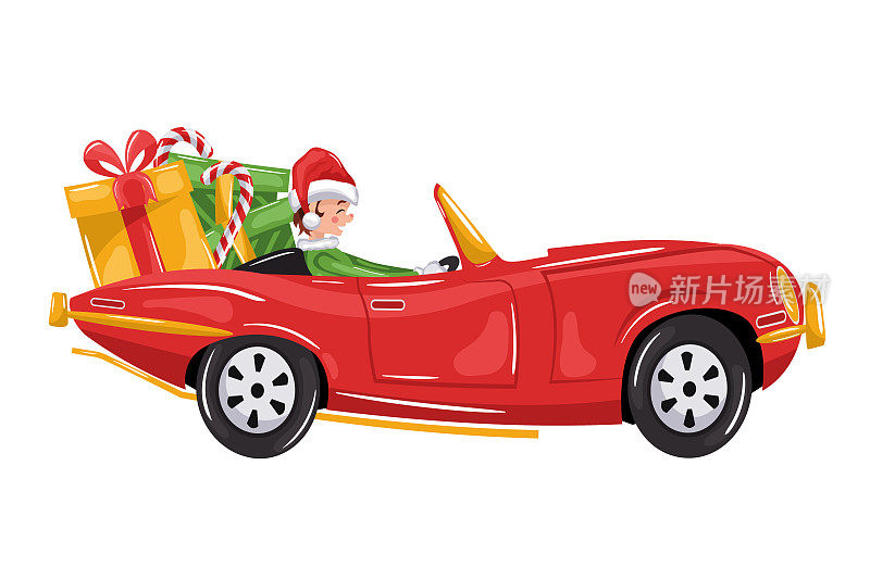 圣诞老人精灵驾驶一辆复古卡通老经典车载着礼物庆祝圣诞快乐