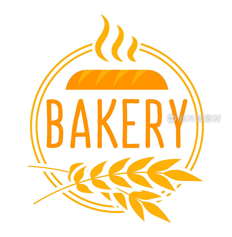 小麦面包食品图标标志与面包店标志，隔离在白色标签，矢量插图。标志元素为图形老式糕点店。