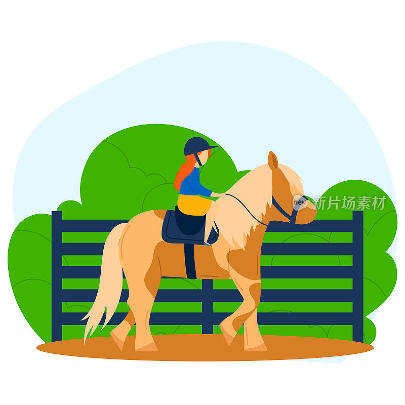 马运动，马术与动物，矢量插图。女骑手在卡通马鞍在牧场马。为年轻骑师准备的盛装舞步骏马
