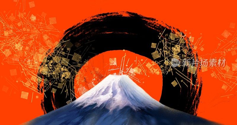 宽尺寸插图新年第一次日出与一笔，吉祥的富士山和华丽的金叶和沙点在红色背景