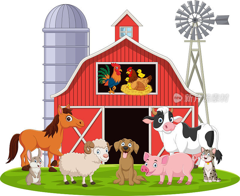 谷仓院子里的卡通农场动物