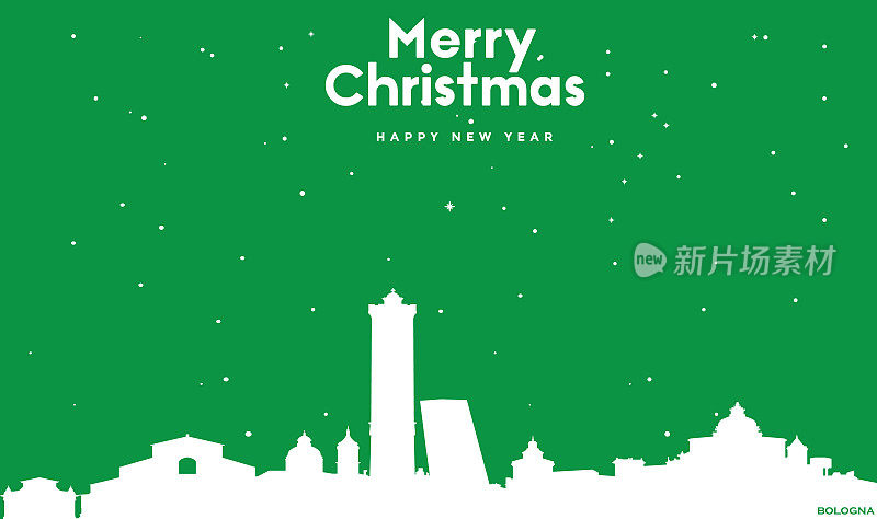 圣诞和新年绿色贺卡与白色全景博洛尼亚